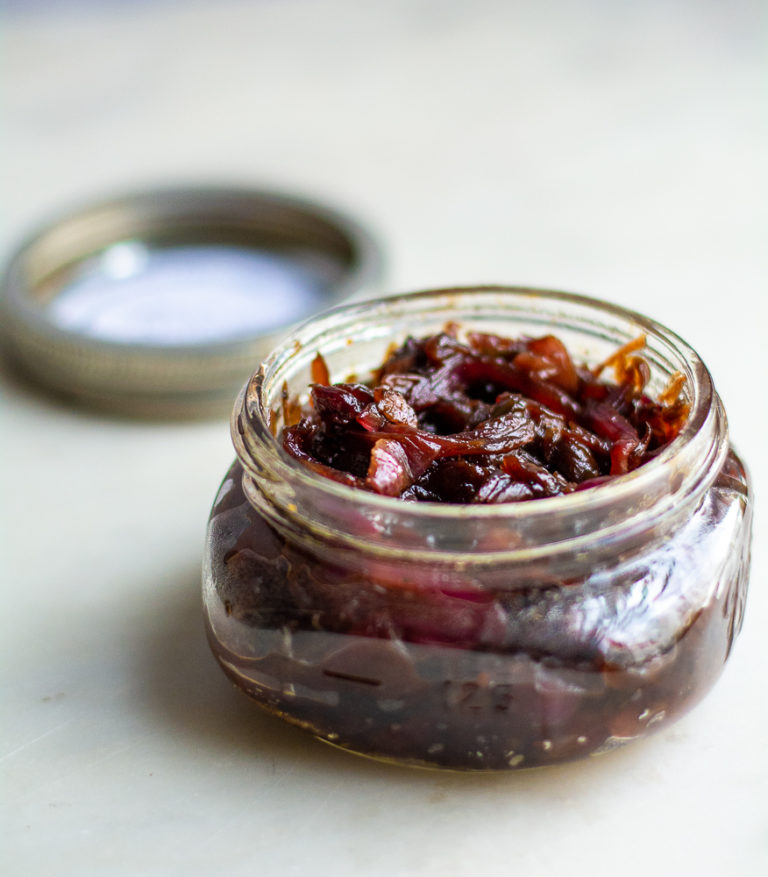 Red Onion Chutney in a mason jar