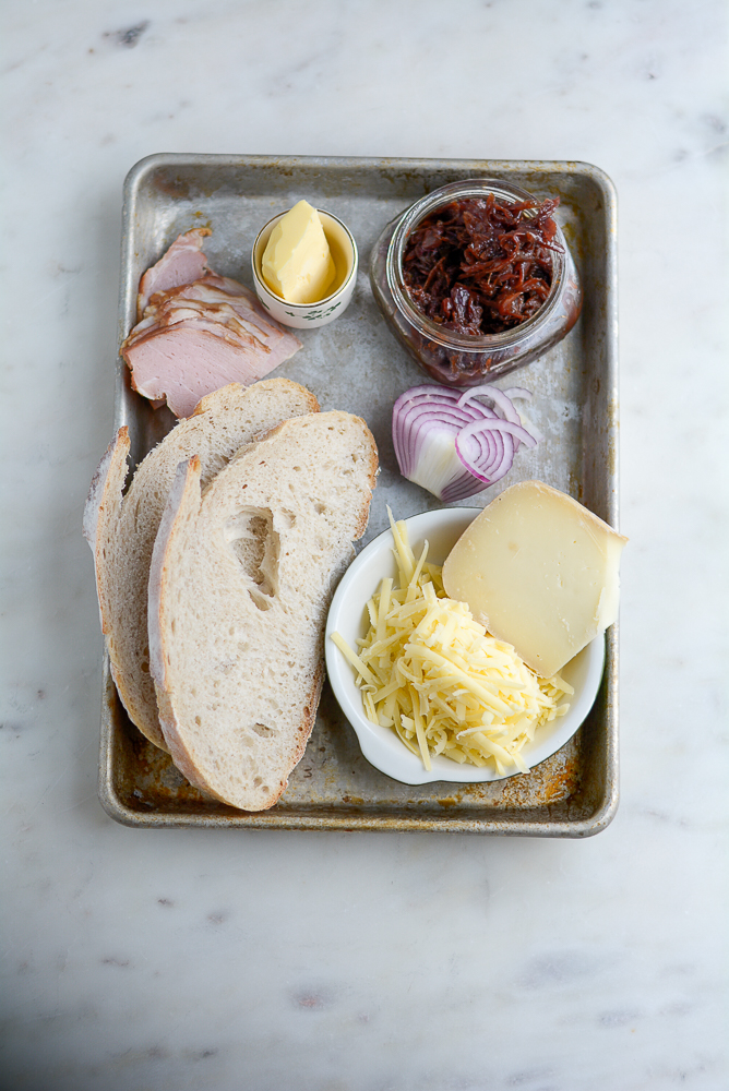 ingredients for Anne's Cheese toastie layed out on a pan