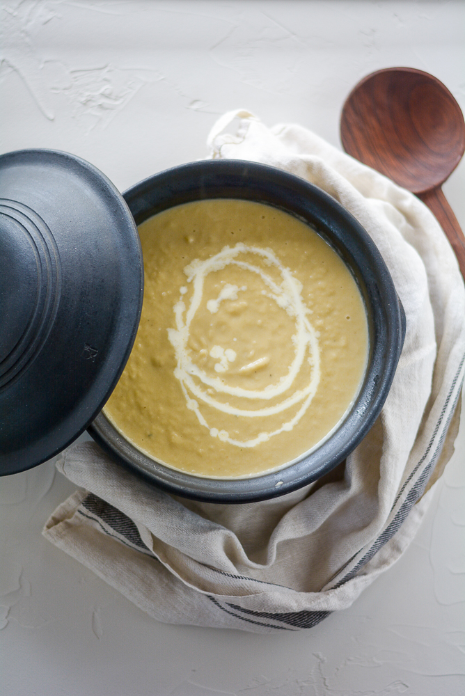 Overhead in the pot shot of Roasted Parsnip and Pear Soup