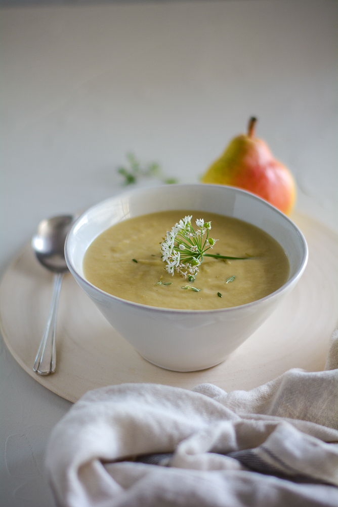 Roasted Parsnip and Pear Soup, vertical shot