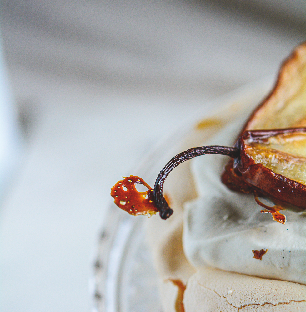 Crispy sugar on a pear stem of Roasted Pear