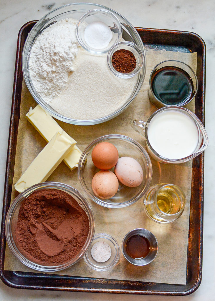 Overhead shot of Guinness Chocolate Cake with Irish Whiskey Frosting ingredients