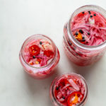 overhead shot of pickled red onions