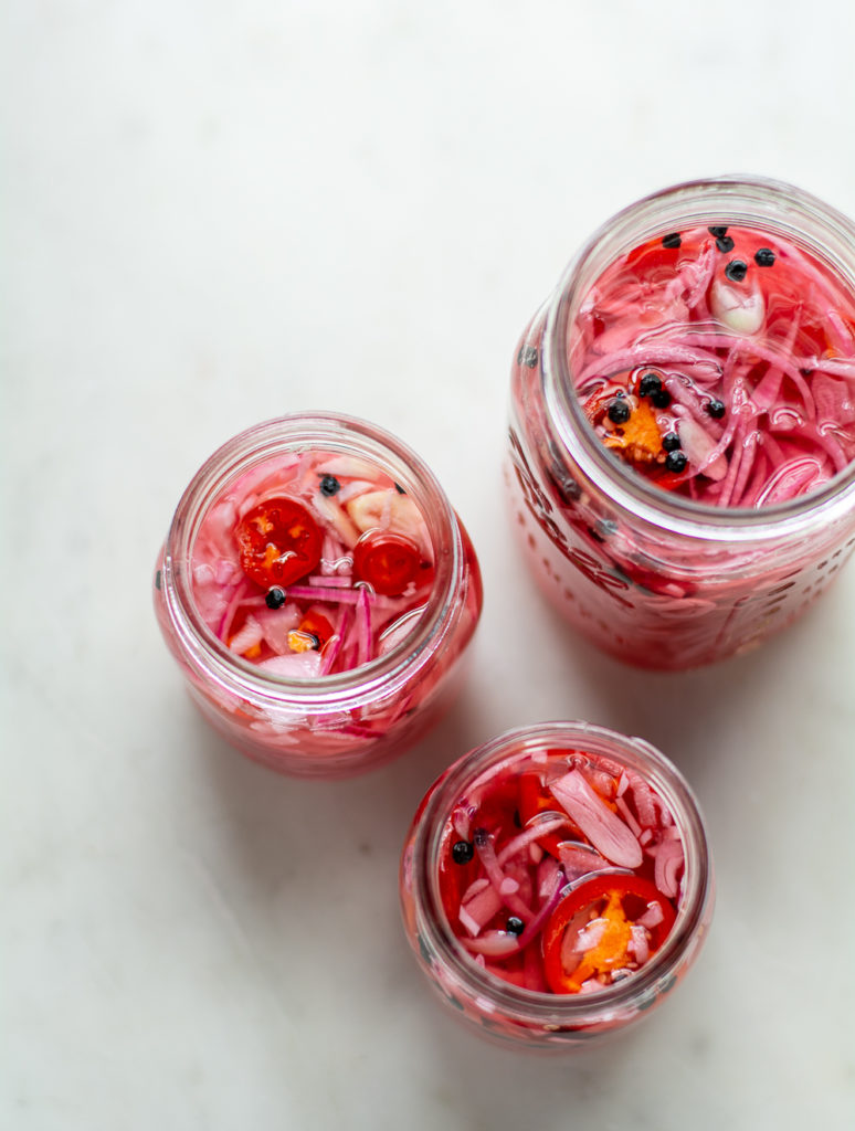 overhead shot of pickled red onions