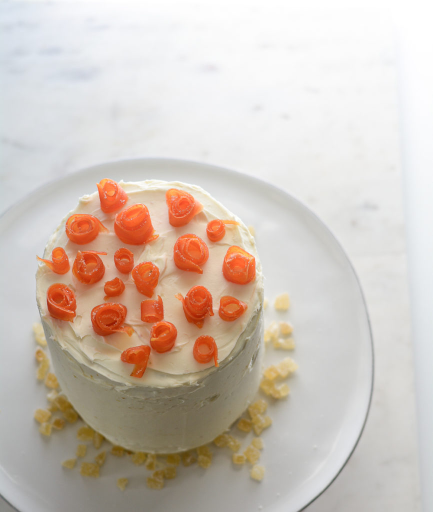 Carrot Ginger Cake with White Chocolate Cream Cheese Frosting overhead shot