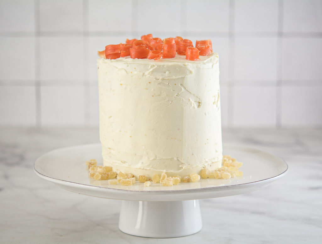 Carrot Ginger Cake with White Chocolate Cream Cheese Frosting straight on shot
