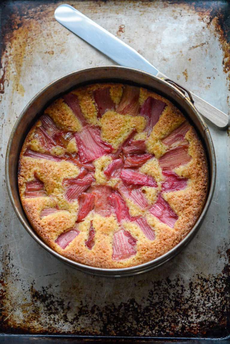 overhead shot of rhubarb cake in a springform pan