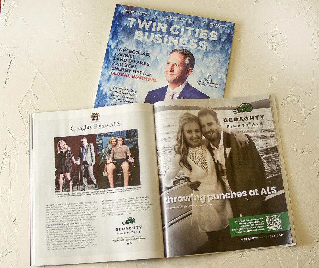geraghty fights ALS photo of Twin Cities Business spread of Kev and Tessa