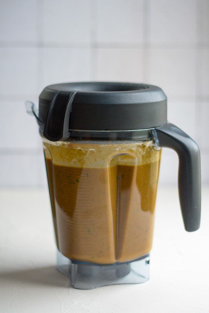 Mushroom and Poblano soup in a vitamix blender container