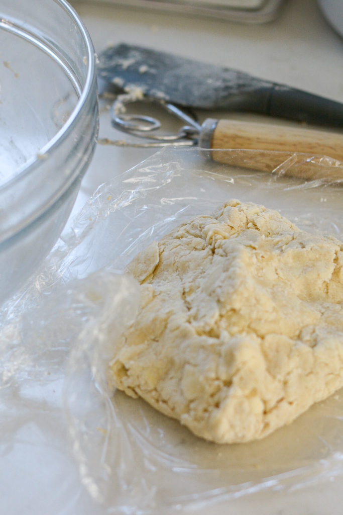 pie dough on plastic wrap ready for the fridge