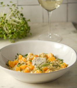 Winter Squash Risotto with Gorgonzola in a wide shallow bowl