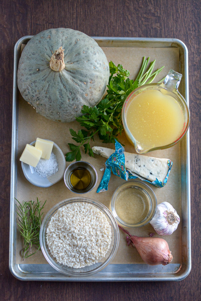 ingredients winter squash risotto on a sheet tray