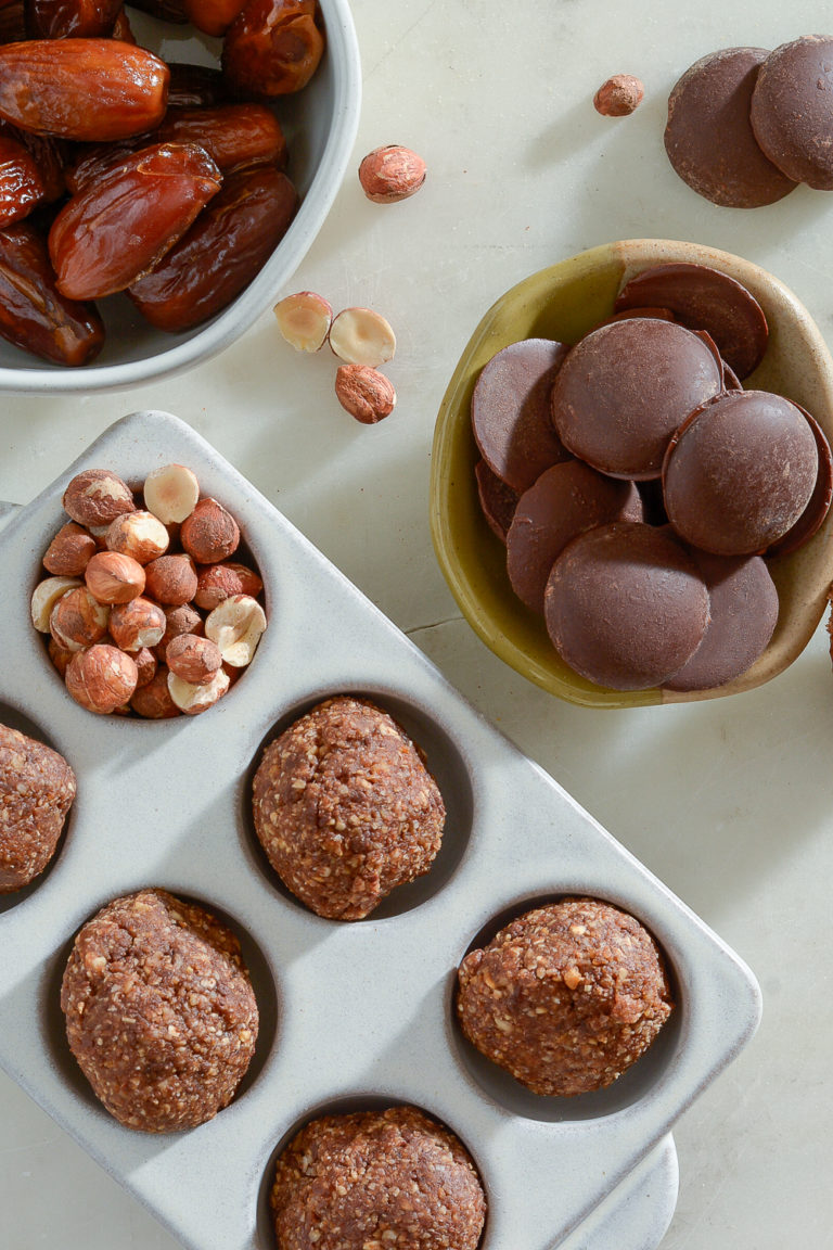 Ingredients for Energy Bites. Chocolate, hazelnuts and dates