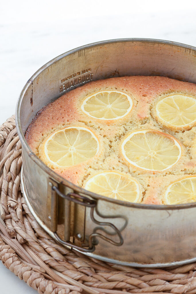 Photo of lemon olive oil cake in the springform pan