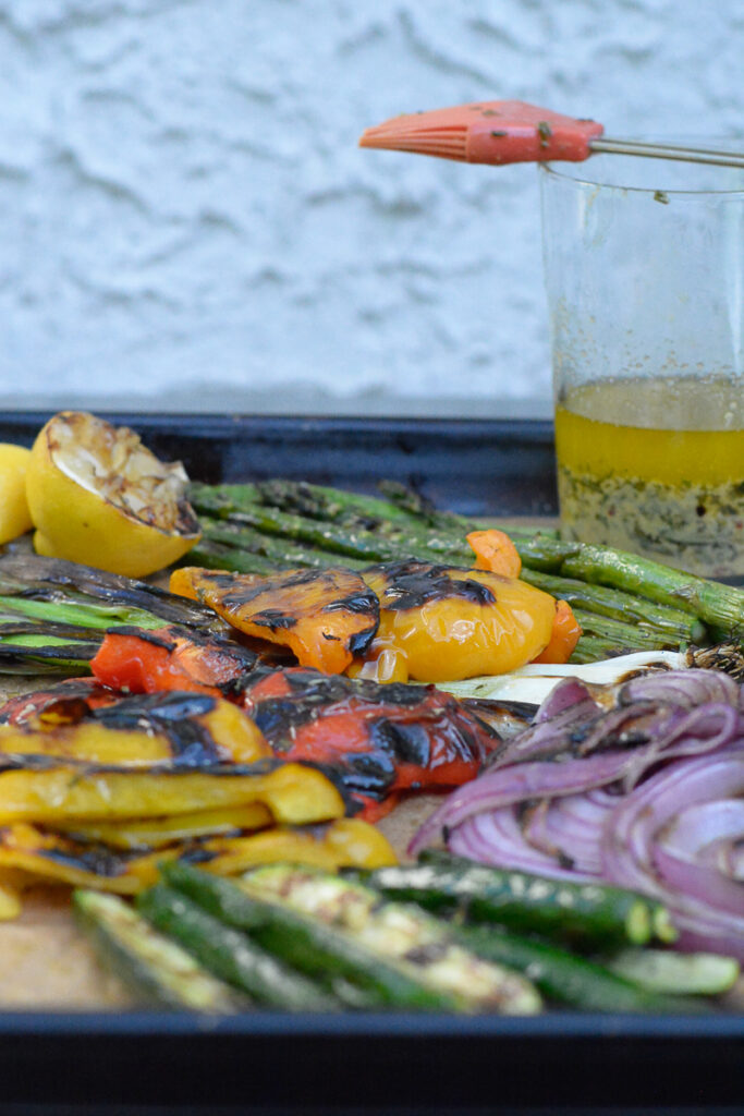 grilled veg and dressing for Charred Garden Vegetables with Herb DressingCharred Garden Vegetables with Herb Dressing recipe