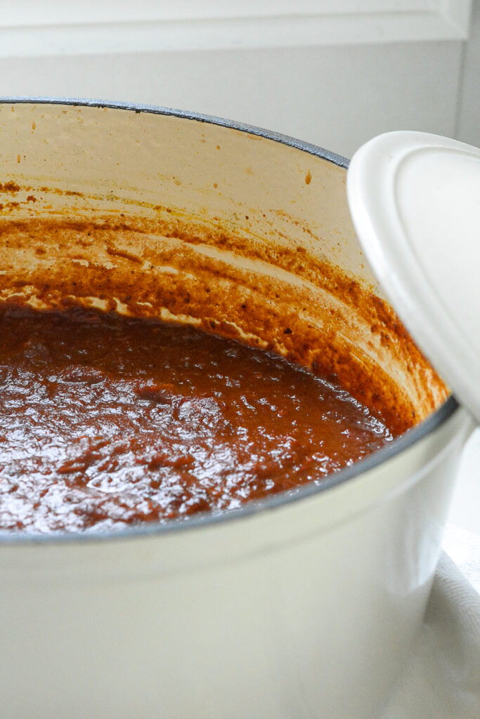 Black Garlic and Tomato Chutney in a dutch oven, cooked