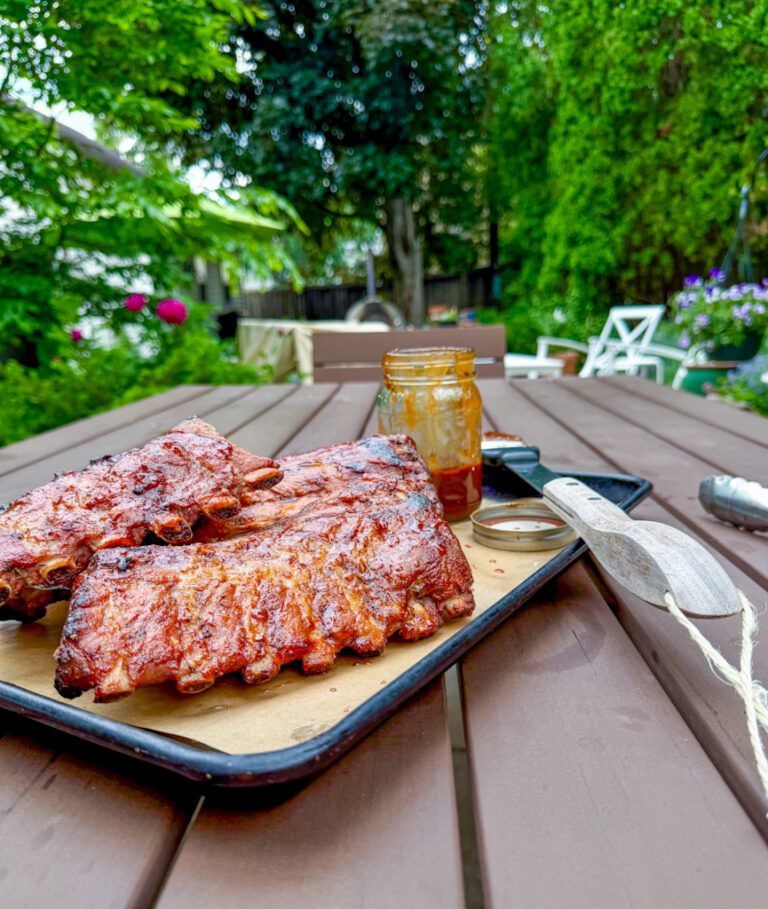 Ribs sweet and spicy on picnic table with tongs and sauce